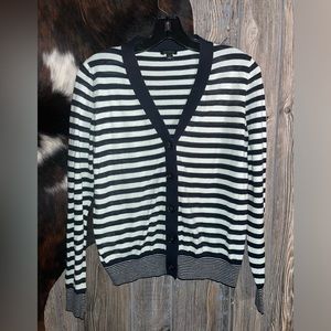 Ann Taylor size small dark navy blue and white striped button front sweater
